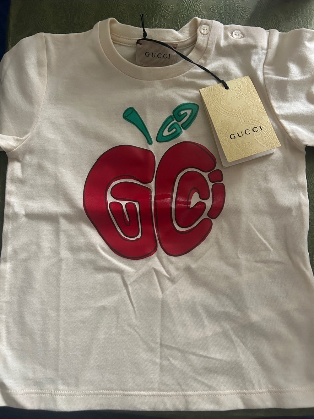Gucci White Kids Short-Sleeve Tee with Red Apple Logo